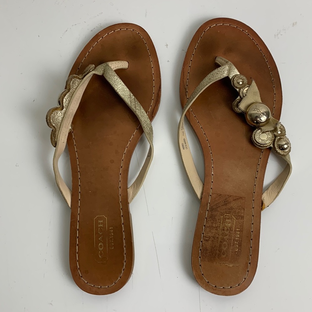Coach Metallic Gold and Tan Leather Thong Sandals